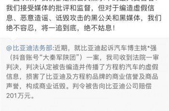 “姚十八”侵权比亚迪方程豹案宣判，被判赔偿201万元